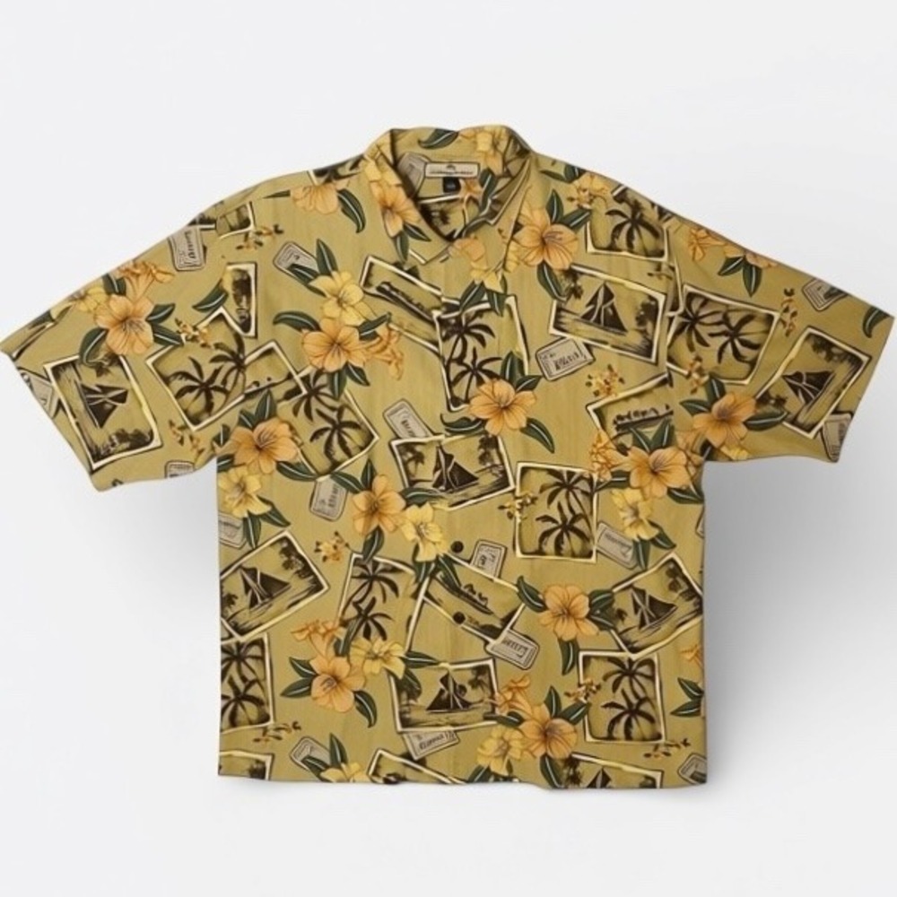 TOMMY BAHAMA Hawaiian Button Up Men's XL Short Sleeve 100% Silk Island Stamp AOP